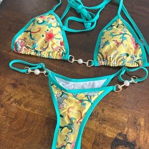 Yellow Floral String Bikini with Turquoise Trim
